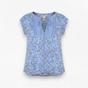 Y2K Lucky Brand Powder Blue Paisley Cap Sleeve V Neck Boho Blouse Size Medium